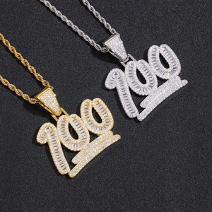 Hip Hop Men Necklace Number 100 Pendant Iced Out Zirconia Inlaid Copper Gold Plated Jewelry Set With Twist Rope Chain