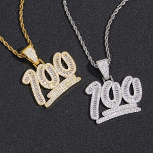 Iced out number 100 pendant necklaces in gold and silver finish for hip hop fashion style