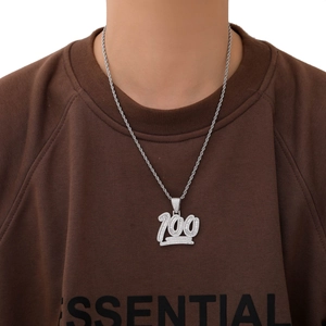 Hip hop number 100 pendant necklace with pavé cubic zirconia for men in silver tone
