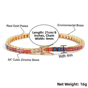 Detailed view of 4mm gold plated brass tennis bracelet with square multi-color cubic zirconia