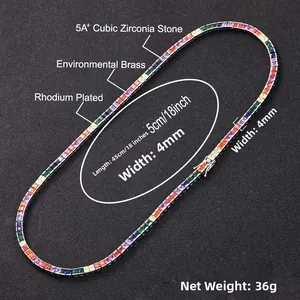 Close-up of rainbow 4mm square cubic zirconia stones set in rhodium plated tennis chain