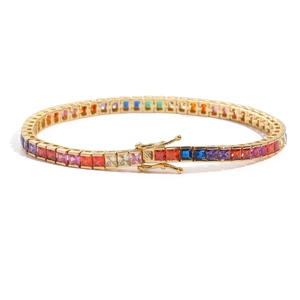 Golden tennis necklace with multi-colored square zircon stones in a classic circular layout