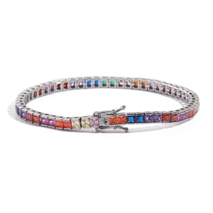 Rainbow cubic zirconia tennis bracelet with 4mm square stones and silver-toned finish