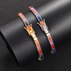 Hip hop rainbow tennis bracelet set in gold and silver with square cut colorful zircons