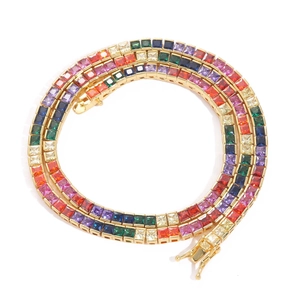 Hip Hop Rainbow Square Cubic Zirconia Tennis Chain Copper Necklace Iced Out Jewelry For Party Men Women