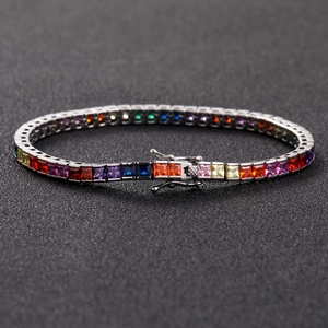 Rainbow cubic zirconia tennis bracelet with silver-tone metal and safety clasp