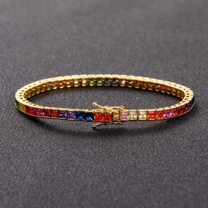 Rainbow cubic zirconia tennis bracelet in gold-plated finish with multi-colored square stones
