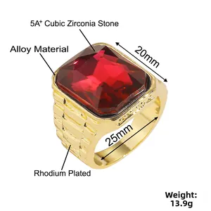 Detalle de un anillo para hombre bañado en rodio con una gran piedra de circonita roja