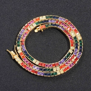Luxurious rainbow square-cut zircon tennis chain in gold-plated brass setting
