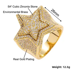 Macro view of 26mm hip hop star ring with full 5A+ cubic zirconia stones in gold plating