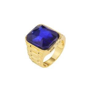 Anillo de hip hop chapado en oro con piedra preciosa azul cuadrada y banda texturizada