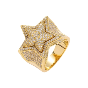 Hip hop star ring in gold finish with micro-paved white zircons for men and women