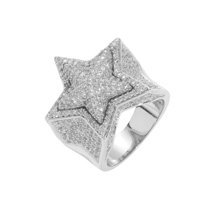 Stereoscopic five-pointed star hip hop ring with full zircon pavé in silver finish