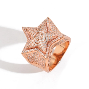 Hip hop rose gold five-pointed star ring with micro-paved white cubic zirconia stones