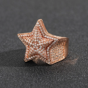 Detailed close-up of rose gold star ring with micro-pave white zircon stones
