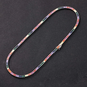Detail of multi-color rainbow square zircon tennis chain with secure silver clasp