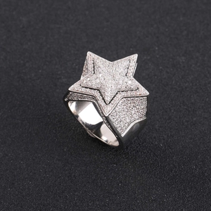 Macro shot of silver hip-hop star ring with double-layered pavé set cubic zirconia