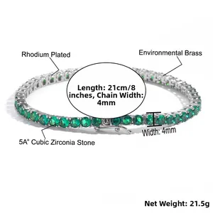 Detail showing 4mm green cubic zirconia tennis chain in rhodium plated eco-friendly copper