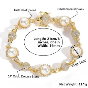 Detail of 14mm hip hop chain with 5A+ cubic zirconia, white pearls and gold plating