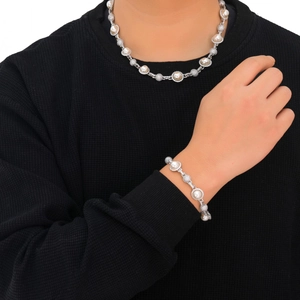 Hip hop style silver bracelet and necklace set with white pearls and sparkling zircons