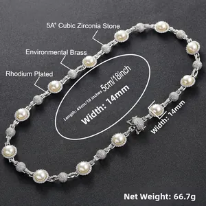 Macro shot of 14mm hip hop necklace with premium 5A+ cubic zirconia and white pearls