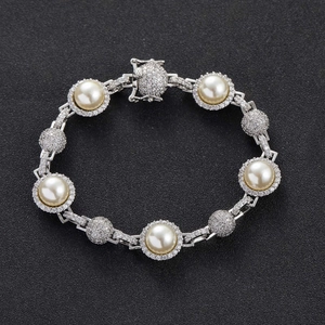 Hip hop silver bracelet with white pearls and micro-pave diamond-studded accents
