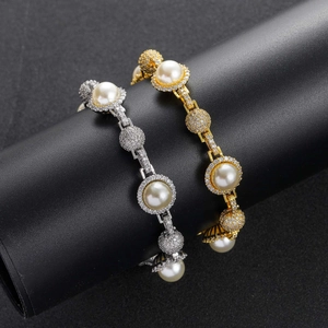 Hip hop bead chain bracelets in gold and silver with white pearls and pavé diamond spheres