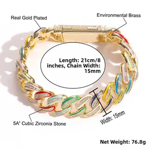 Dettaglio bracciale cubano 15mm smalto arcobaleno con zirconi cubici in lunghezza 21cm