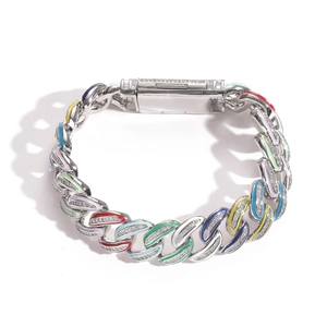 Bracciale Cuban Link Uomo Hip Hop Rame Zirconia Smalto Colorato Placcato Oro Argento Gioielli Punk Personalità Regalo Festa
