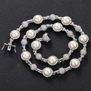 Luxury Hip Hop Copper Zirconia Artificial Pearl Chain Necklace Bracelet For Men Vintage Electroplated Fashion Party Decorative Jewelry