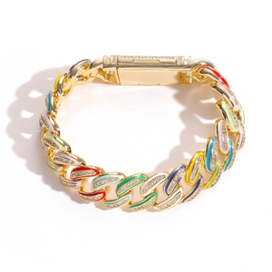 Bracciale a catena cubana da 15mm in oro con smalto colorato e zirconi incastonati