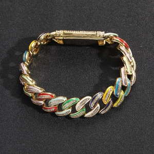 Bracciale cubano dorato da 15mm con smalto colorato e intarsio di zirconi lucidi