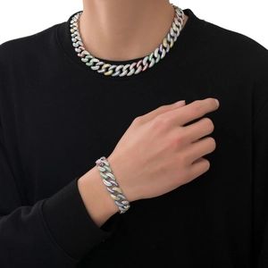 Set catena cubana da 15mm colorata con zirconi in stile hip-hop per un look alla moda