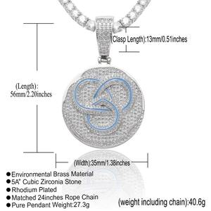 Detailed specs of the rhodium plated brass hip hop pendant with blue CZ stone pattern