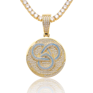 Hip hop round pendant necklace with sky blue geometric lines and gold tennis chain
