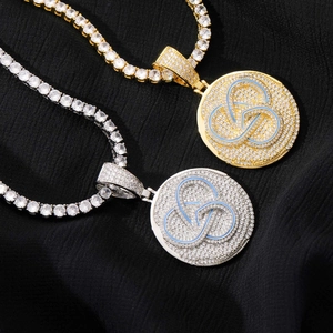 Hip hop tennis necklace with round pendant featuring blue enamel and pavé zircon stones