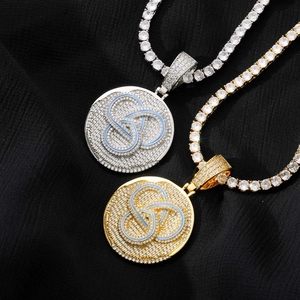 Hip hop round medallion pendant with micro-paved zircons and blue enamel pattern detail