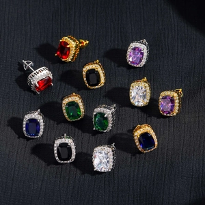 Lot de boucles d'oreilles hip hop carrées avec zircons colorés et plaqué or