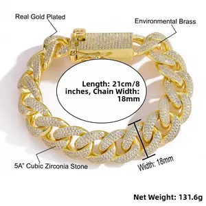 Detail of 18mm Cuban link chain featuring 5A+ cubic zirconia and real gold plating
