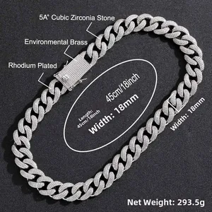 Close-up of 18mm silver plated cuban link chain with 5A+ cubic zirconia stones