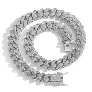 Icy silver 18mm Cuban link chain with sparkling T-square zircon stones for hip hop style