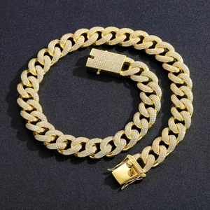 Men's hip hop 18mm golden Cuban link necklace with triple row of micro-pave zircons