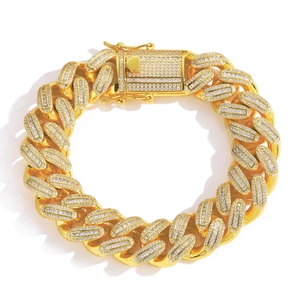 Close-up of 18mm golden Miami Cuban link necklace with micro-paved baguette zircons