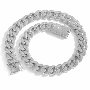 Silver 18mm iced out Cuban link chain necklace with three rows of zircon stones for men
