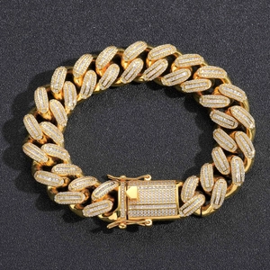 Close-up of 18mm golden hip hop Miami Cuban link chain with square cubic zirconia stones