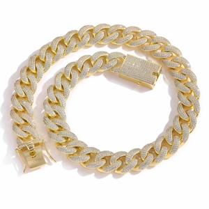 Men's 18mm iced out golden Cuban link chain necklace with three rows of micro-pave crystals