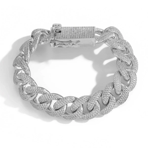 Detail of 18mm silver Cuban link chain featuring three rows of micro-pave cubic zirconia