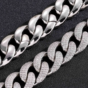 18mm cuban link chain set with polished silver finish and iced out micro-paved zircons