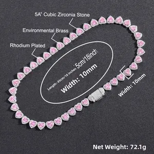 Detail view of 10mm pink heart-cut cubic zirconia necklace with rhodium-plated brass finish