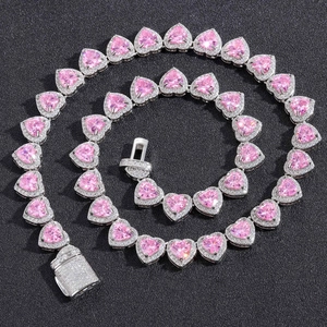 Hip Hop Heart Micropave Pink Cubic Zirconia Necklace For Women Sweet Individual Copper Heart Link Chain Accessories